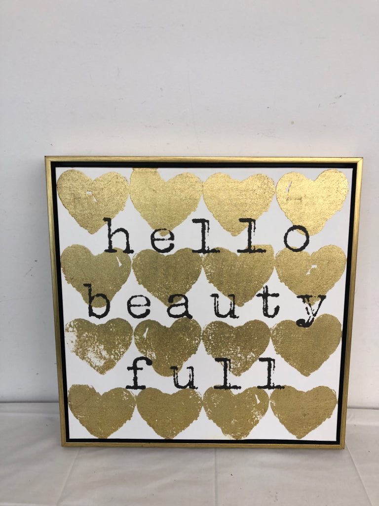 THICK HELLO BEAUTY FULL W/ GOLD HEARTS WALL ART CANVAS.