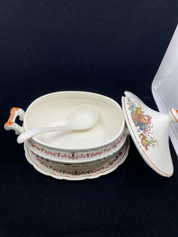 3PC WHITE FRUIT PAINTED SOUP TUREEN-PLATE, SOUP TUREEN, LADLE SPOON.