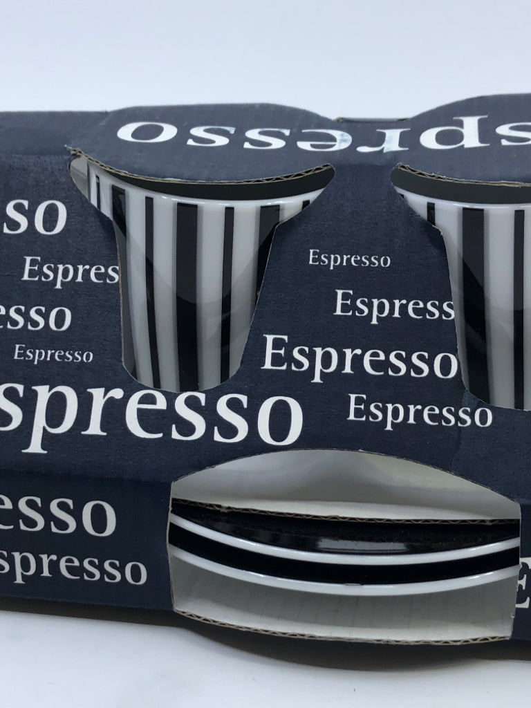 NIP 4 PC WHITE W/ BLACK STRIPES ESPRESSO CUPS.