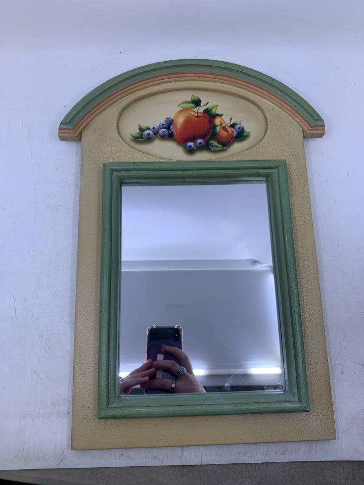 ARCHED TAN FRAME W/ FRUIT GREEN BORDERED MIRROR.