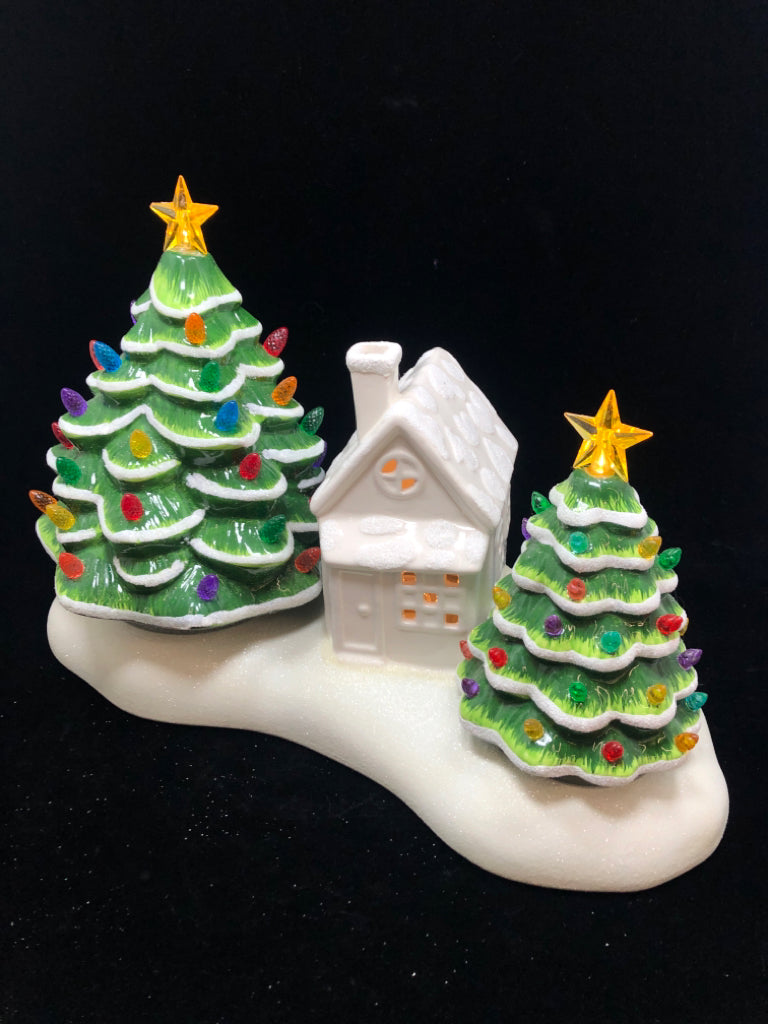 LIGHT UP XMAS TREES AND GLITTERY SNOWY COTTAGE.