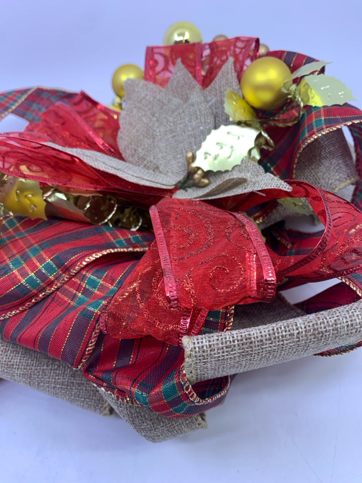 BURLAP RED PLAID POINSETTIA BOW TREE TOPPER.