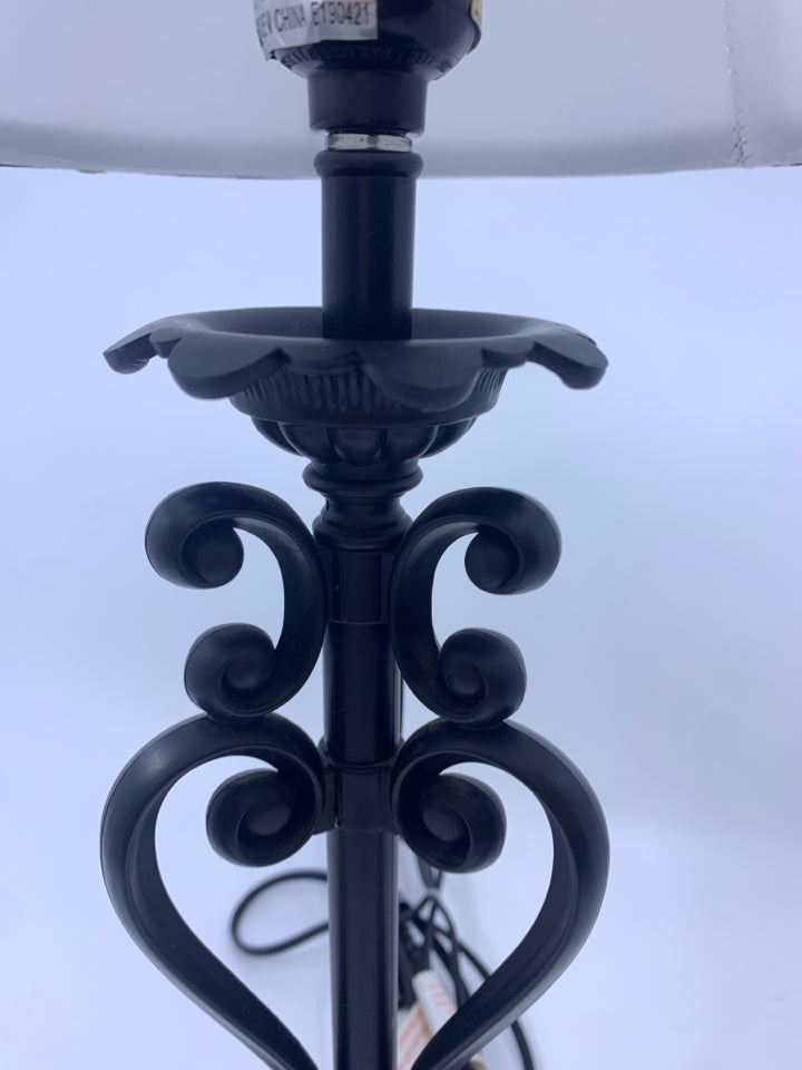 BLACK PLASTIC AND METAL BASED LAMP WITH WHITE SHADE.