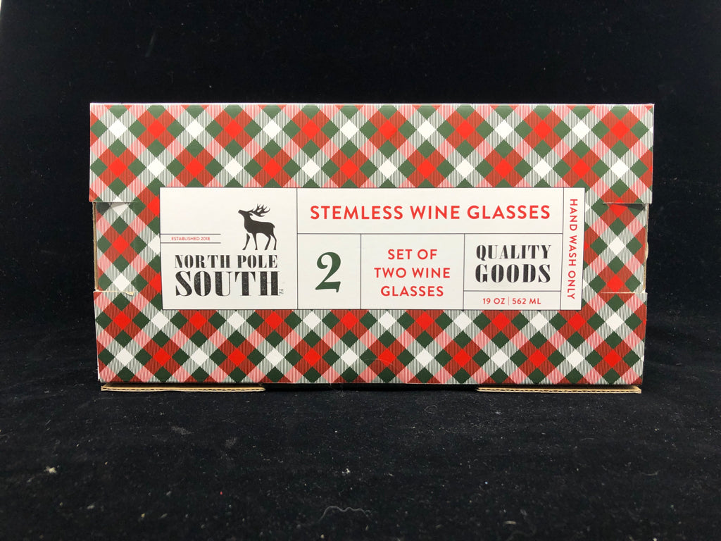 NIB NORTH POLE SOUTH STEMLESS WINE GLASSES.