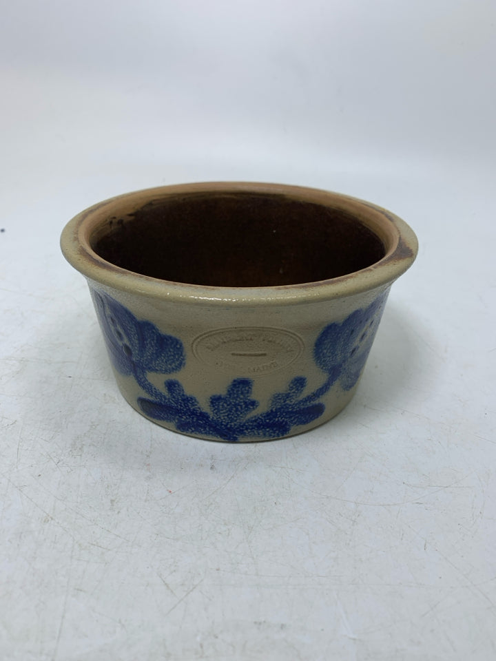 VTG SALT GLAZED COBALT BLUE FLOWERS SMALL CROCK.