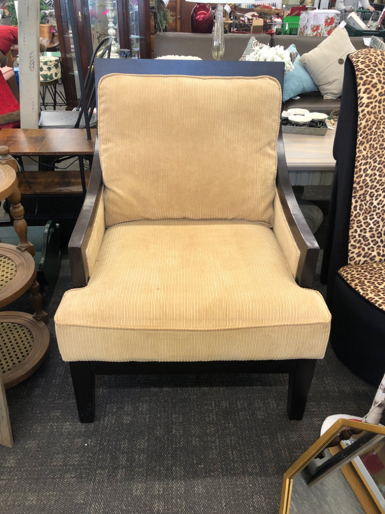 BEIGE CORDUROY WOOD CHAIR.