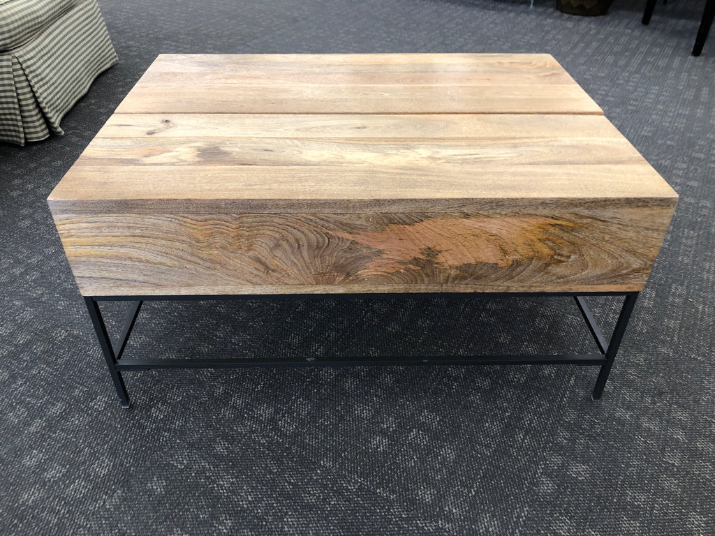 RECLAIMED WOOD COFFEE TABLE W/LIFT TOP, BLACK METAL BASE.