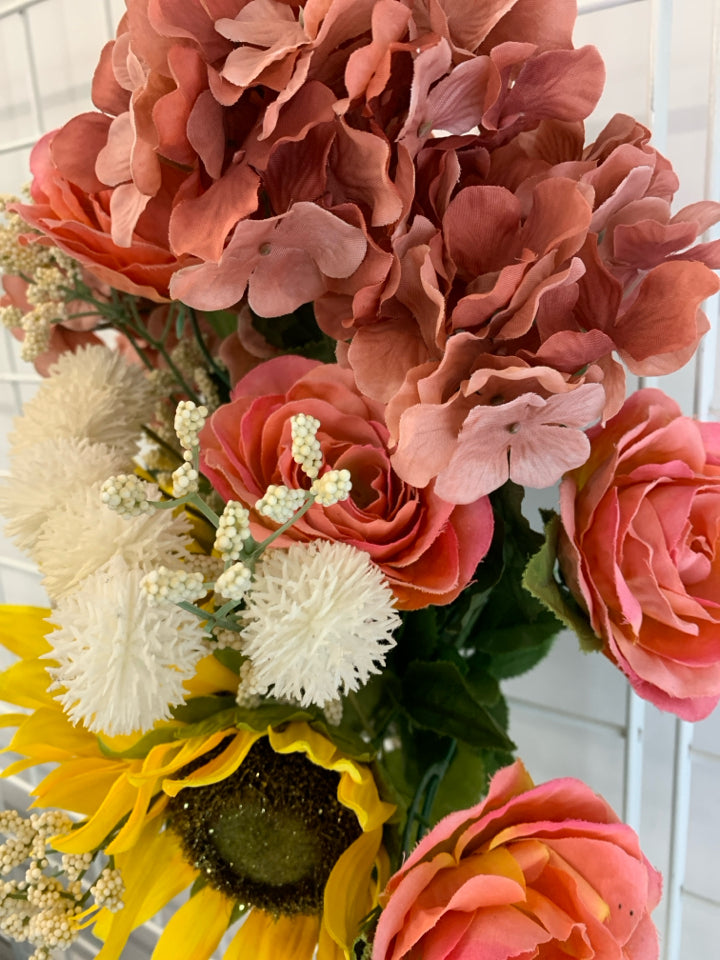 FAUX PINK HYDRANGEA AND SUNFLOWER BOUQUET.