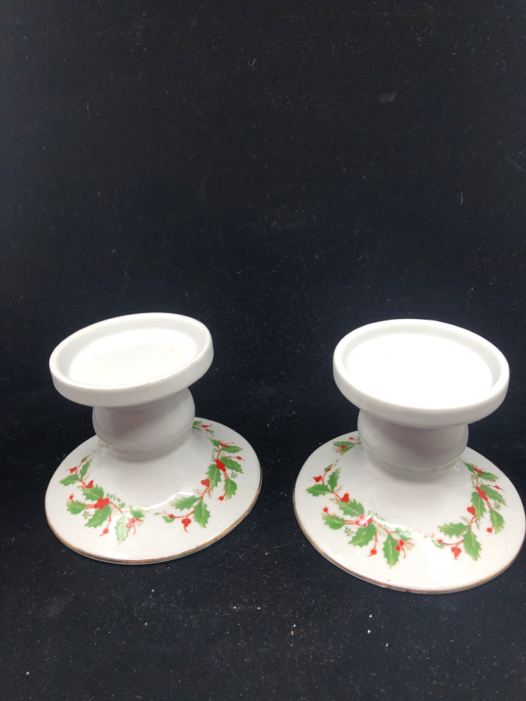 2 WHITE CHINA PEARL MISTLETOE CANDLE HOLDERS.