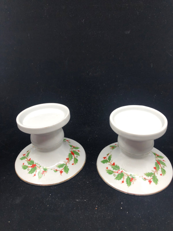 2 WHITE CHINA PEARL MISTLETOE CANDLE HOLDERS.