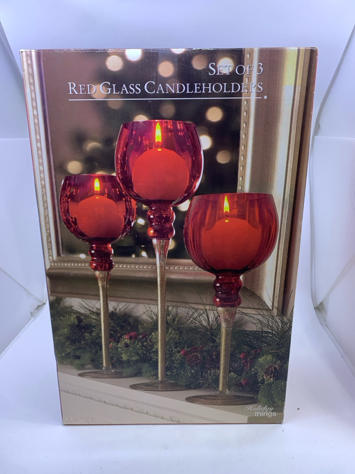 3 NIB RED GLASS CANDLE HOLDER.