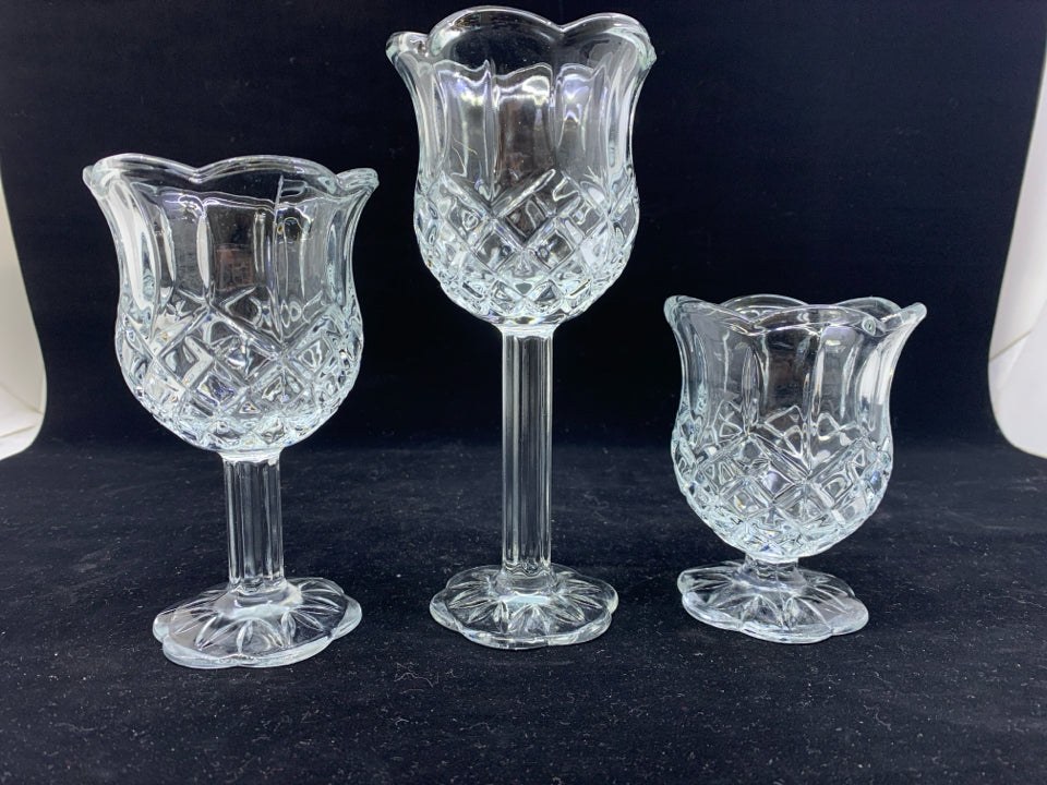 3 CUT GLASS TULIP TEA LIGHT HOLDERS.