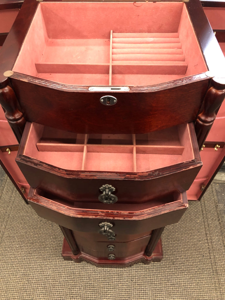 CHERRY WOOD 8-DRAWER LOCKING ARMOIRE W/SIDE DOORS.