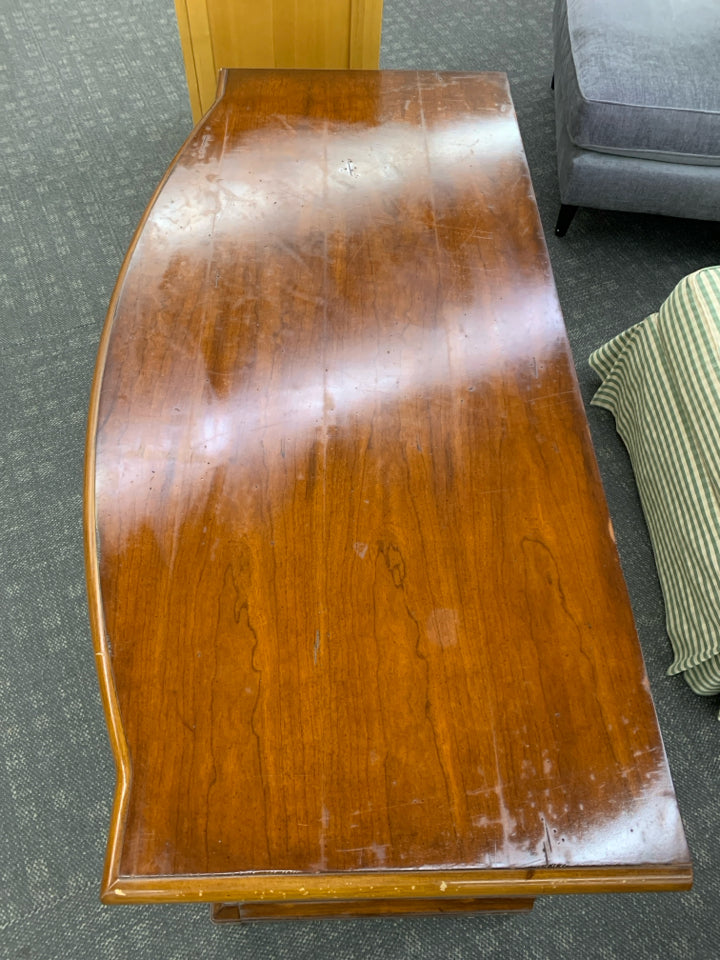 HEAVY CHERRY WOOD CHEST W/CURVED FRONT & 3 DRAWERS.