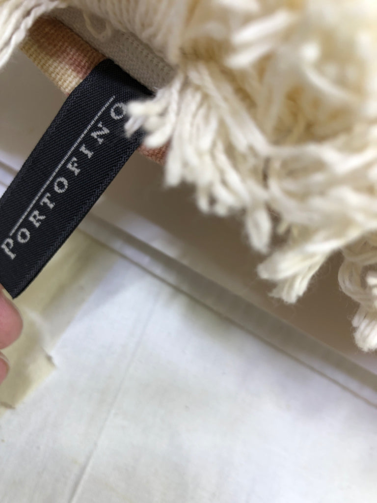 LARGE BEIGE & PINK DECORATIVE PILLOW W/FRINGE.