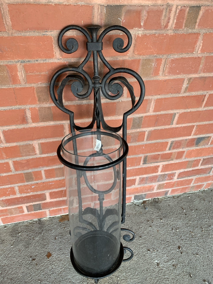 HEAVY WROUGHT IRON CLEAR GLASS DOME HANGING CANDLE HOLDER.