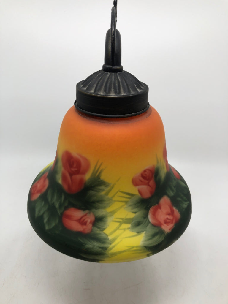 VICTORIAN STYLE RED ROSE GLASS SHADE LAMP.