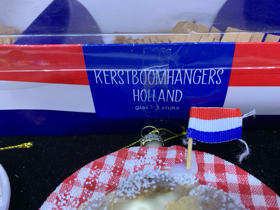 3 GLASS PASTRY ORNAMENTS FROM HOLLAND.