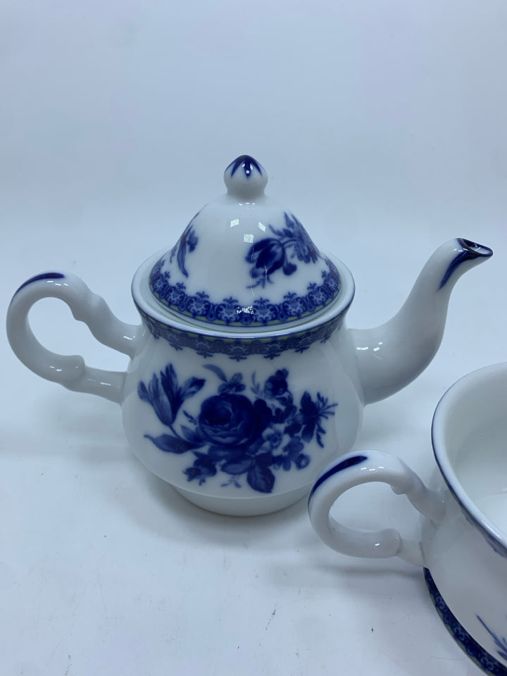 TEA-FOR-1-SET BLUE & WHITE FLORAL BONE CHINA.