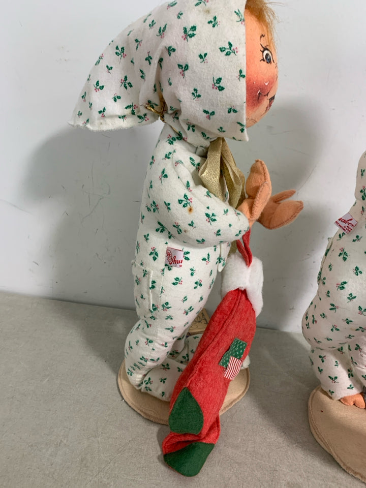 2 VTG LARGE ANNALEE MOBILITEE BOY/GIRL PJ'S STANDING WIRE POSABLE.
