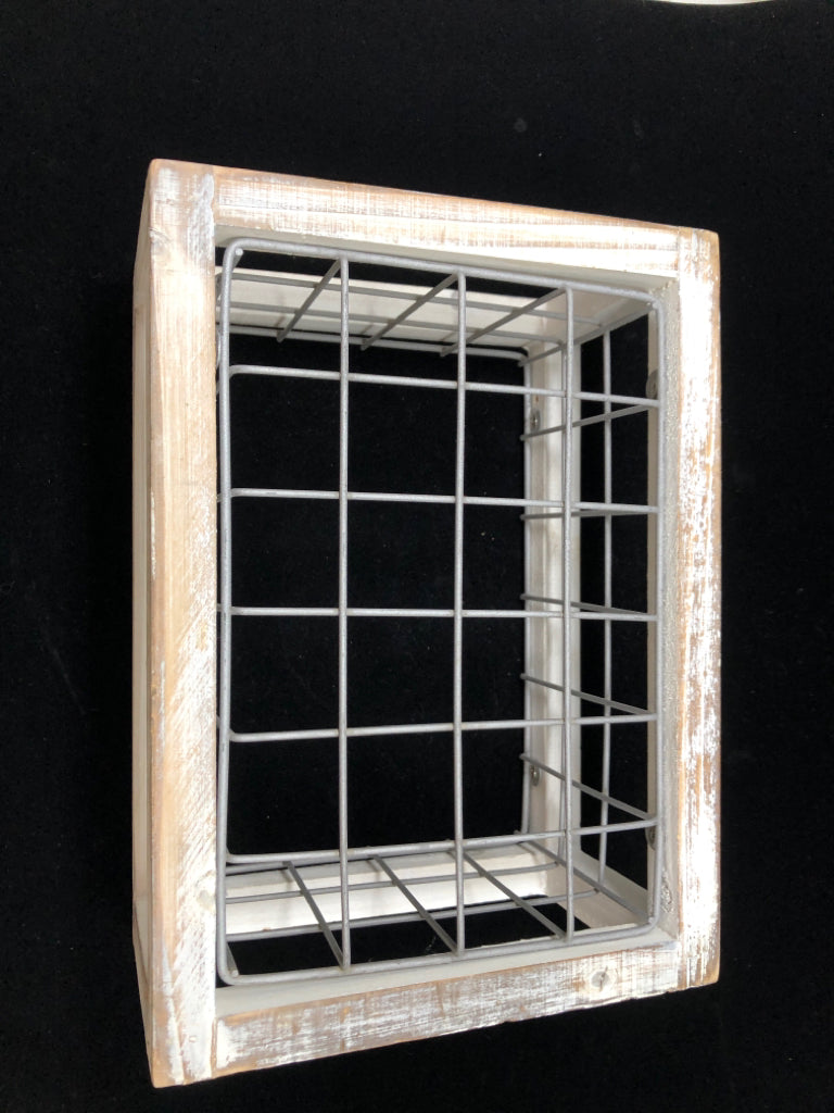 WOOD FRAME GREY METAL STORAGE BIN.