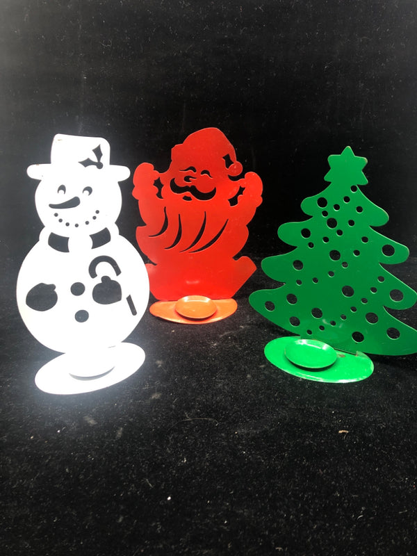 3PC COLORFUL HOLIDAY FIGURE TEA LIGHT HOLDERS.