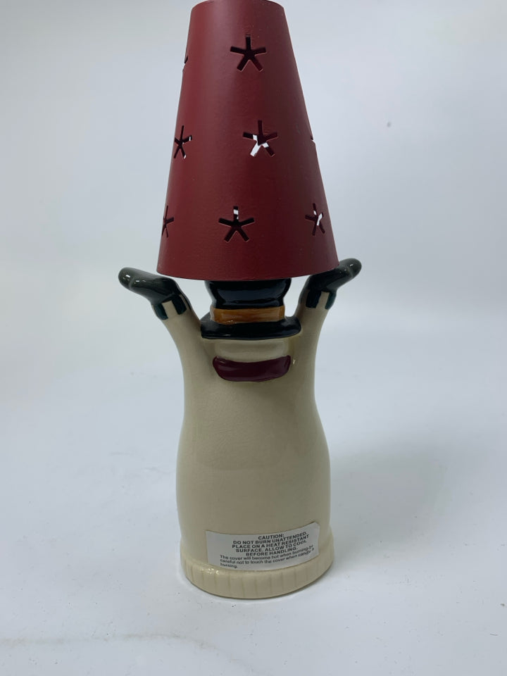 SNOWMAN HOLDING METAL HAT TEA LIGHT HOLDER.
