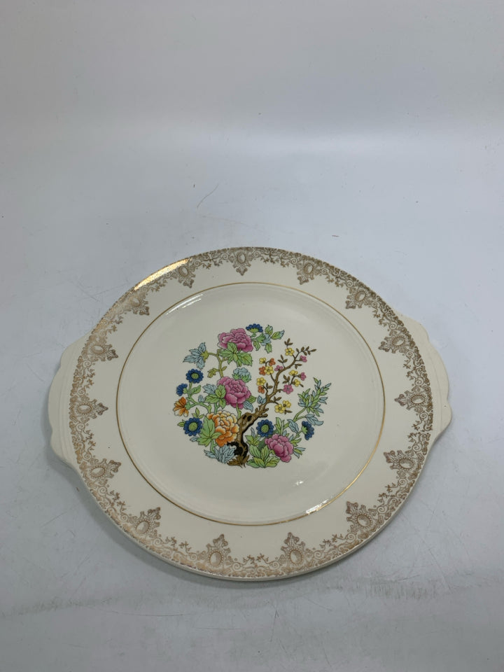 VTG CAKE PLATE W/ TREE COLORFUL FLOWERS IN CENTER GOLD DETAILED EDGE.