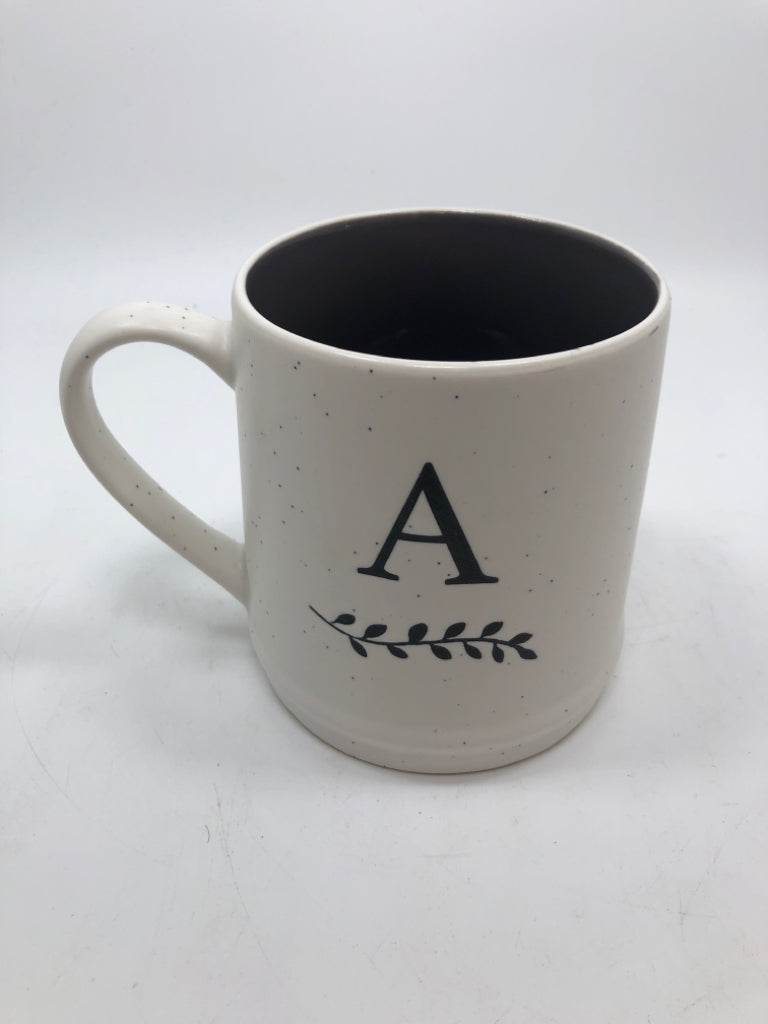 WHITE SPECKLED "A" MUG.