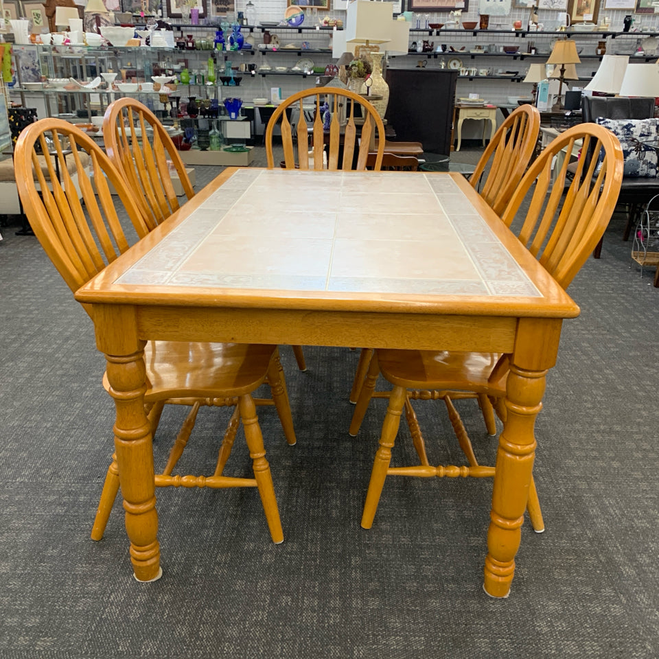WOODEN TILE-TOP TABLE W/5 CHAIRS.
