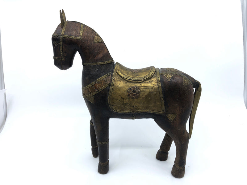 WOOD CARVED HORSE W METAL DETAIL.