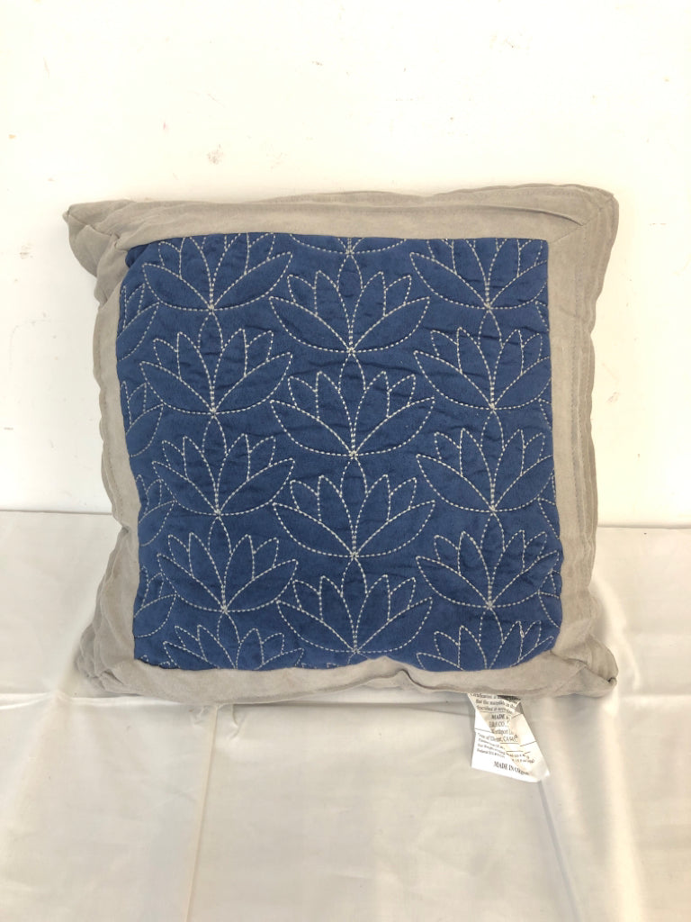 DECORATIVE PILLOW GRAY SUEDE WITH BLUE.