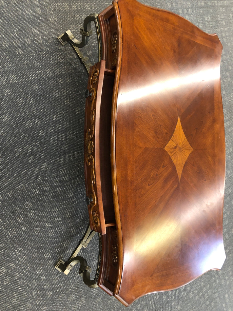METAL BASE COFFEE TABLE, WOOD INLAY TOP W/2 CARVED DRAWERS.