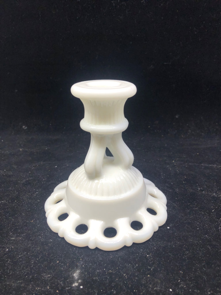 VTG WHITE MILK GLASS PIERCED EDGE CANDLE STICK.