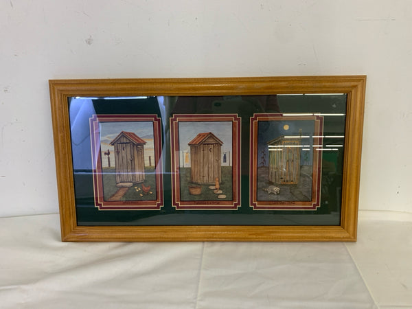 3 OUTHOUSE DRAWINGS IN WOOD FRAME WALL HANGING.