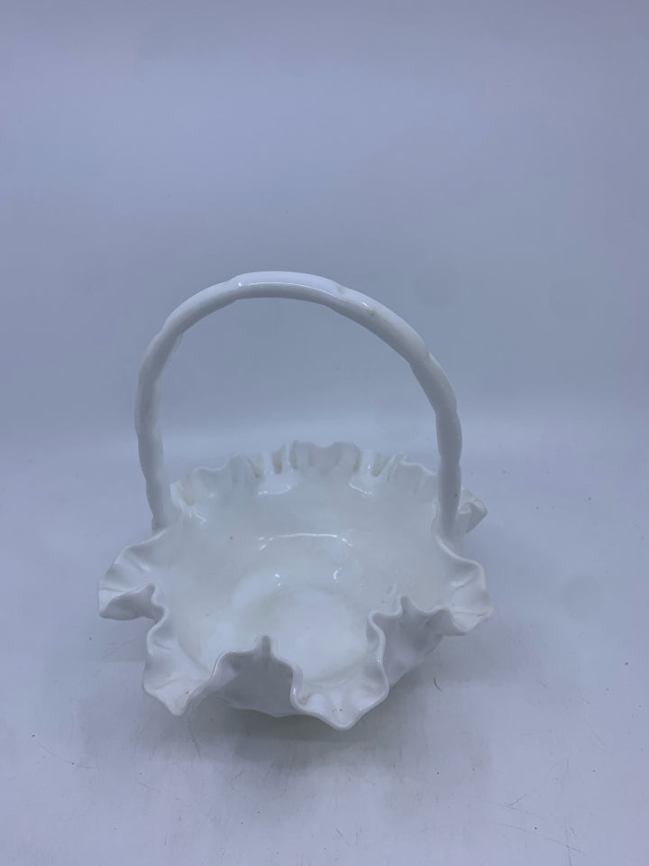 VTG THUMBPRINT RUFFLED EDGE MILK GLASS BASKET.