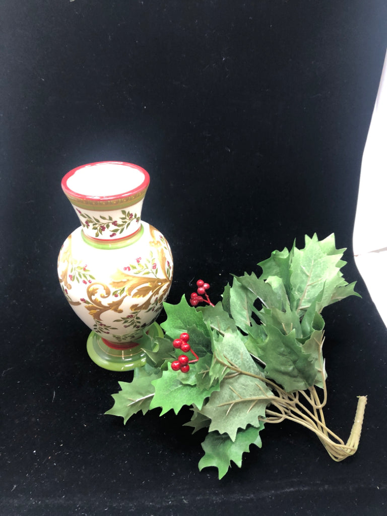 CERAMIC VASE CHRISTMAS BERRY SCROLL W/HOLLY.