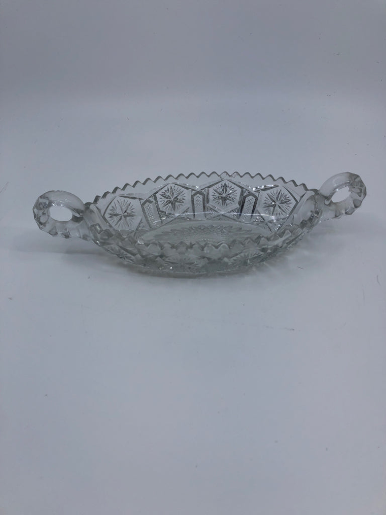 VTG OVAL CUT GLASS DISH W DOUBLE HANDLES.