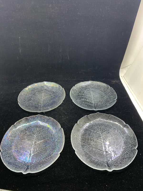 4 GLASS TEXTURED LEAF PLATES.