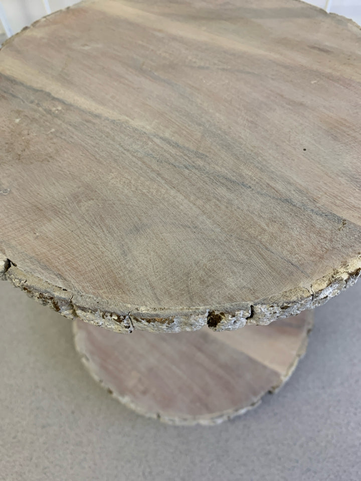 2 TIER DISTRESSED ROUND WOOD SERVER.