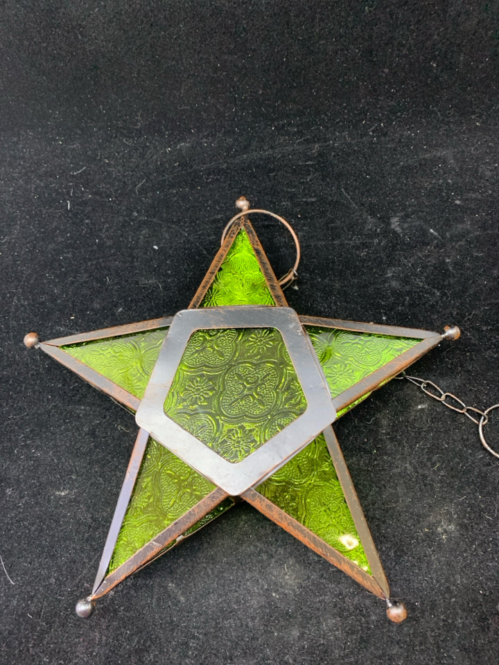 GREEN GLASS STAR TEA LIGHT HOLDER HANGING.
