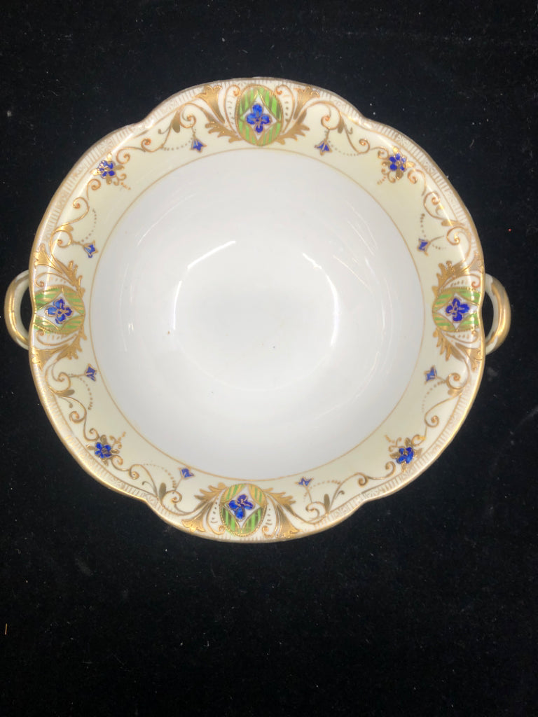 VTG GOLD AND BLUE FLORAL BOWL W HANDLES.