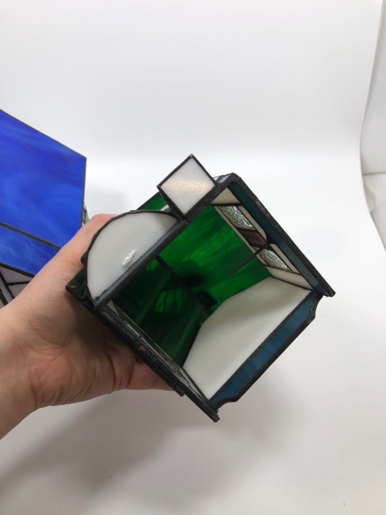 3 PC STAINED GLASS TEA LIGHT CANDLE COVERS-CHURCH, RED ROOF, GREEN ROOF.