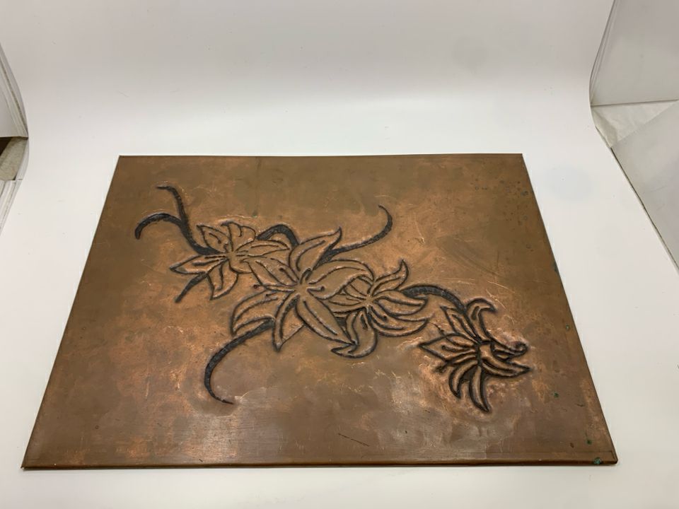 EMBOSSED COPPER FLOWER PLAQUE.