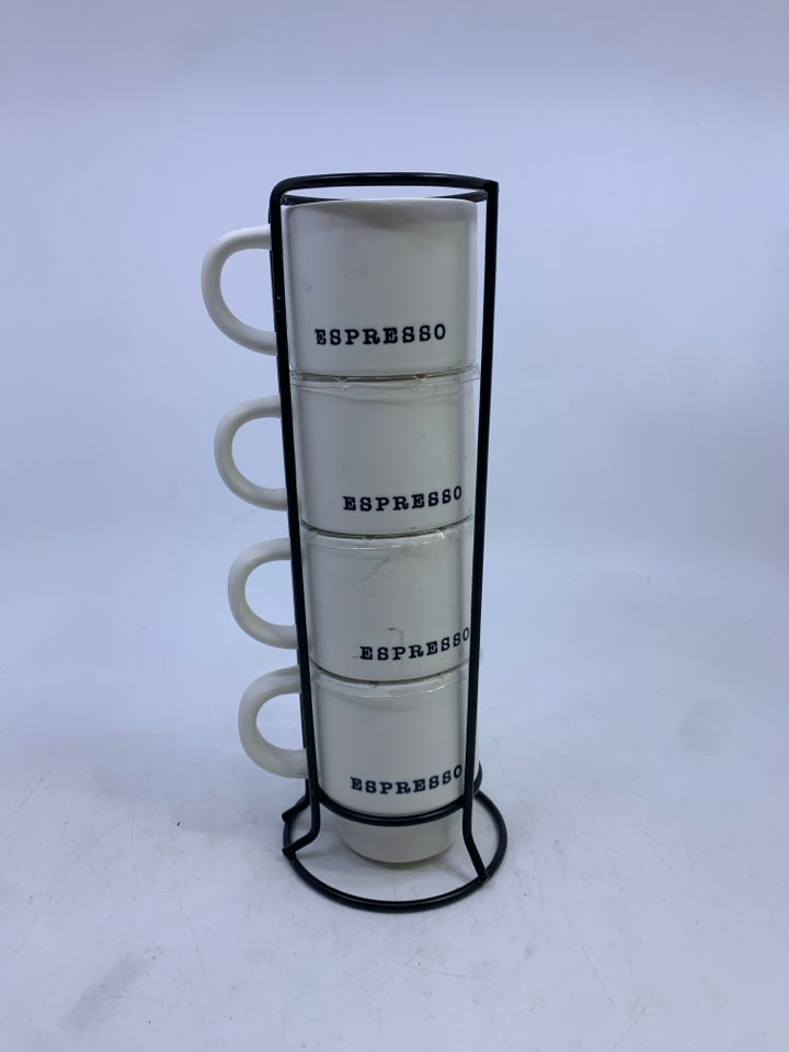 4 WHITE ESPRESSO MUGS IN BLACK STAND.