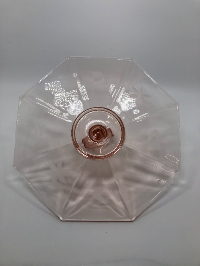 VTG FLOWER ETCHED PINK OCTAGONAL SRVG TRAY W/LOOP HANDLE.