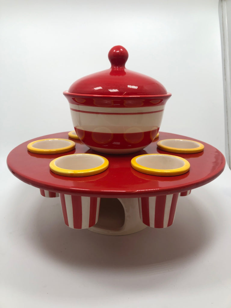 9PC CERAMIC DIP DISH SET W/LIDDED BOWL AND 4 SPOONS.