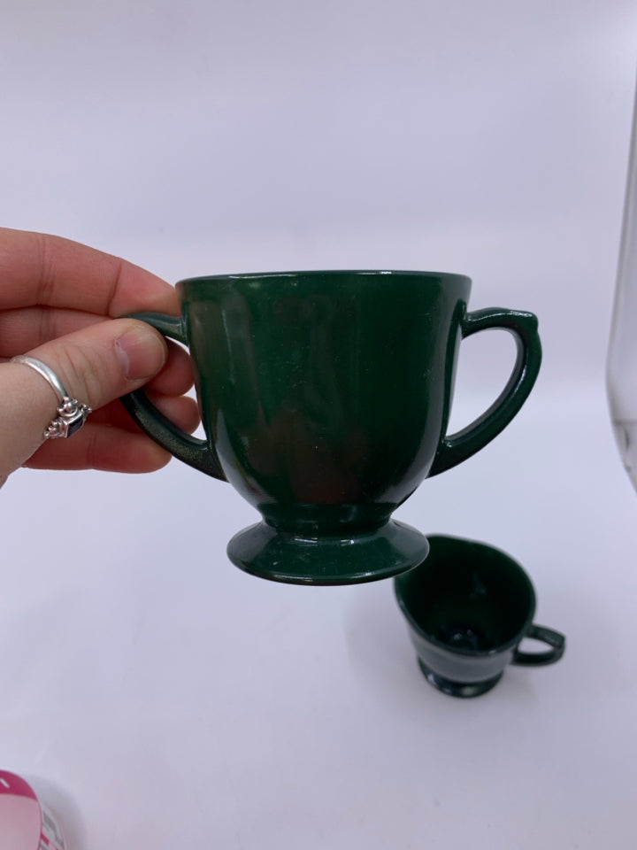 FOOTED DARK GREEN PAINTED GLASS CREAM/SUGAR SET.