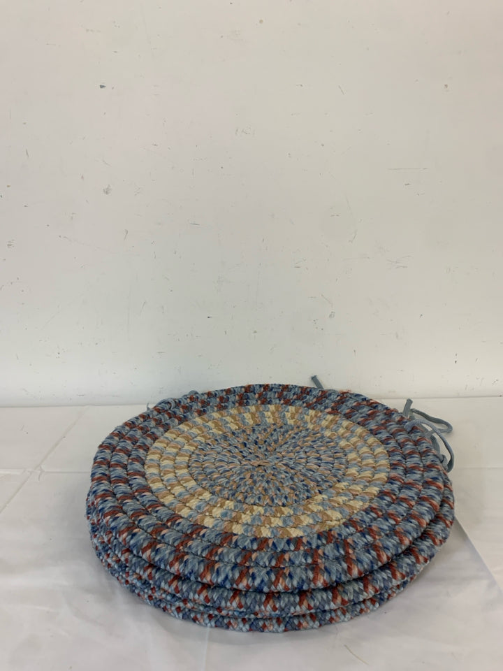 4 ROUND BLUE WOVEN CUSHIONS.