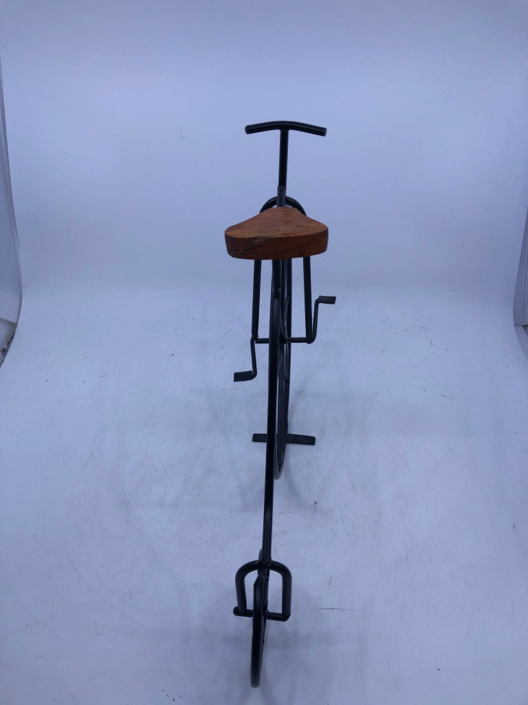 BLACK METAL PENNY FARTHING BICYCLE W/ WOOD SEAT.